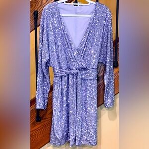 ASOS DESIGN sequin wrap mini dress with belt in lilac Long Sleeve SZ. 12